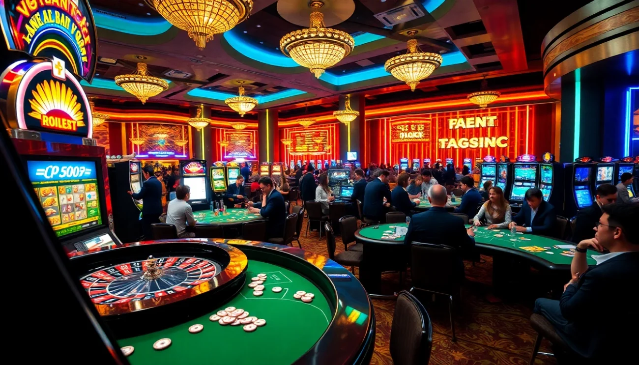 Experience the thrills of gambling at https://vuabai9bet.com/ with players at an energetic poker table and vibrant slot machines.