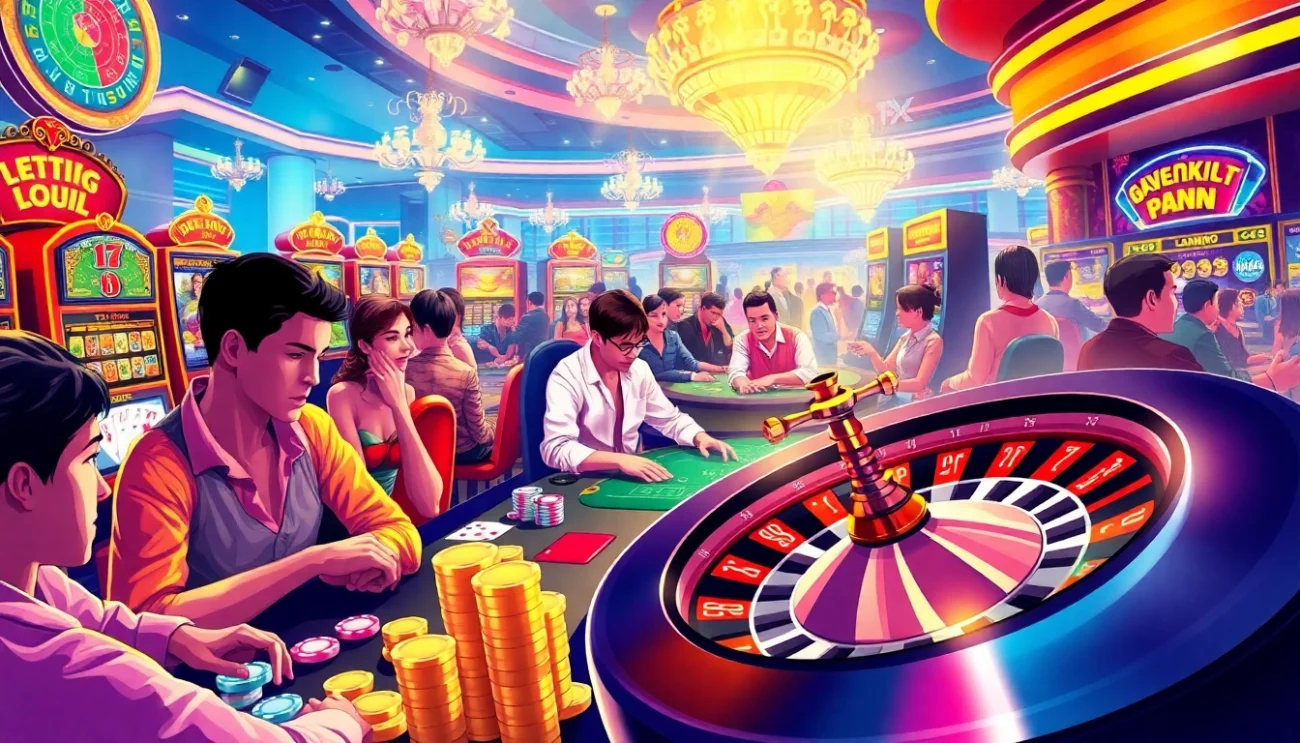 Players enjoying a lively casino atmosphere, emphasizing giải mã nhà cái uy tín and secure gambling practices.