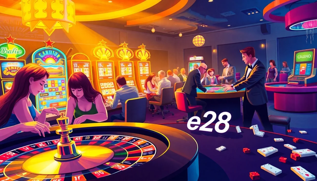 Players celebrate winning at the e28 roulette table, showcasing excitement and vibrant casino atmosphere.