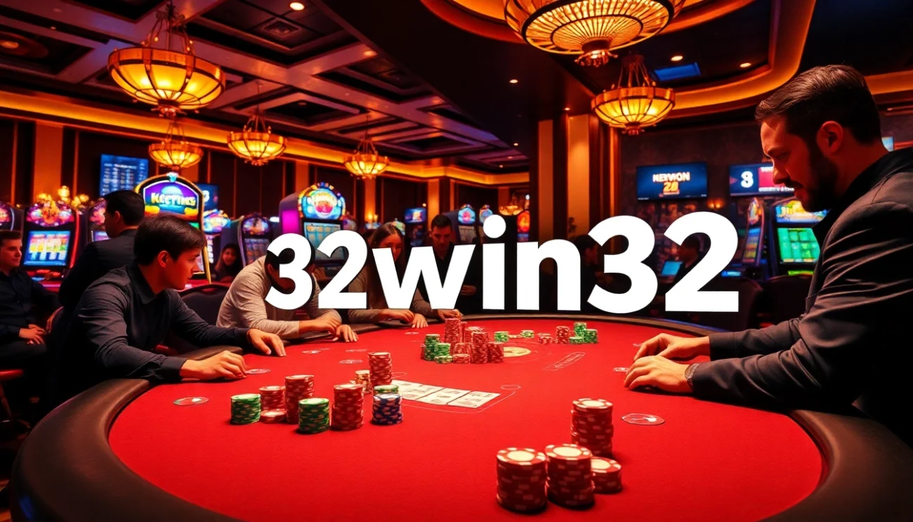 Engage with the thrilling atmosphere of 32win32's casino, where players enjoy intense poker games surrounded by vibrant slot machines.