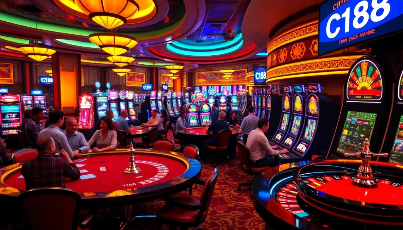 C168 vibrant casino scene featuring players at poker and roulette tables, showcasing excitement in gambling activities.