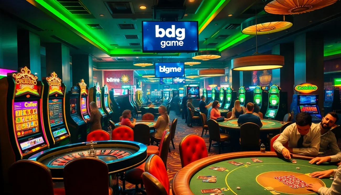 Experience the excitement of bdg game login at a vibrant casino with players enjoying games and colorful slot machines.
