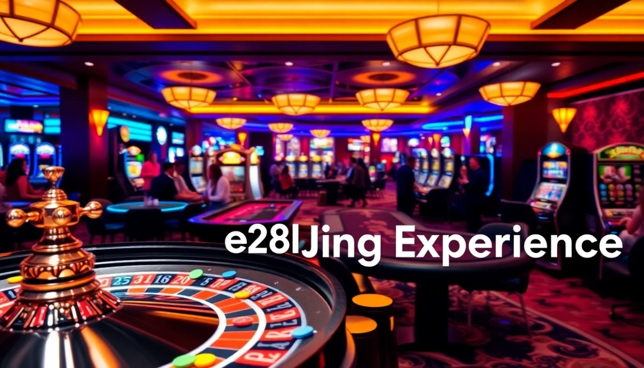 In a vibrant casino, players are captivated by the roulette wheel and colorful chip sets, inviting an e28 gambling experience.