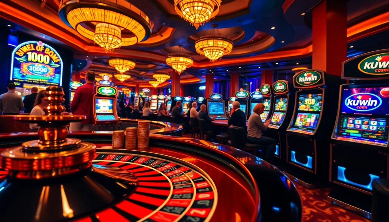 Players engaging in thrilling games at kuwin. com's vibrant casino, featuring roulette and slot machines.