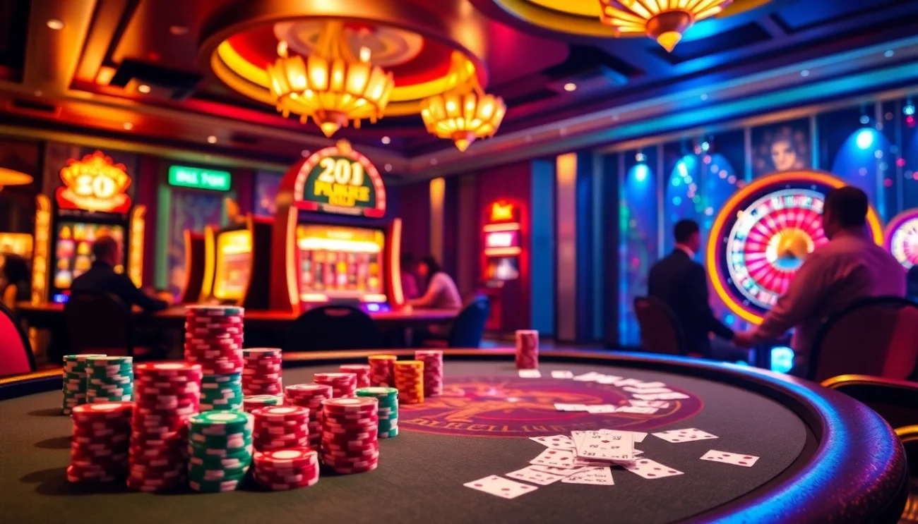 Experience the thrill at https://go8.blue/ as players compete at a lively poker table surrounded by dazzling slot machines.