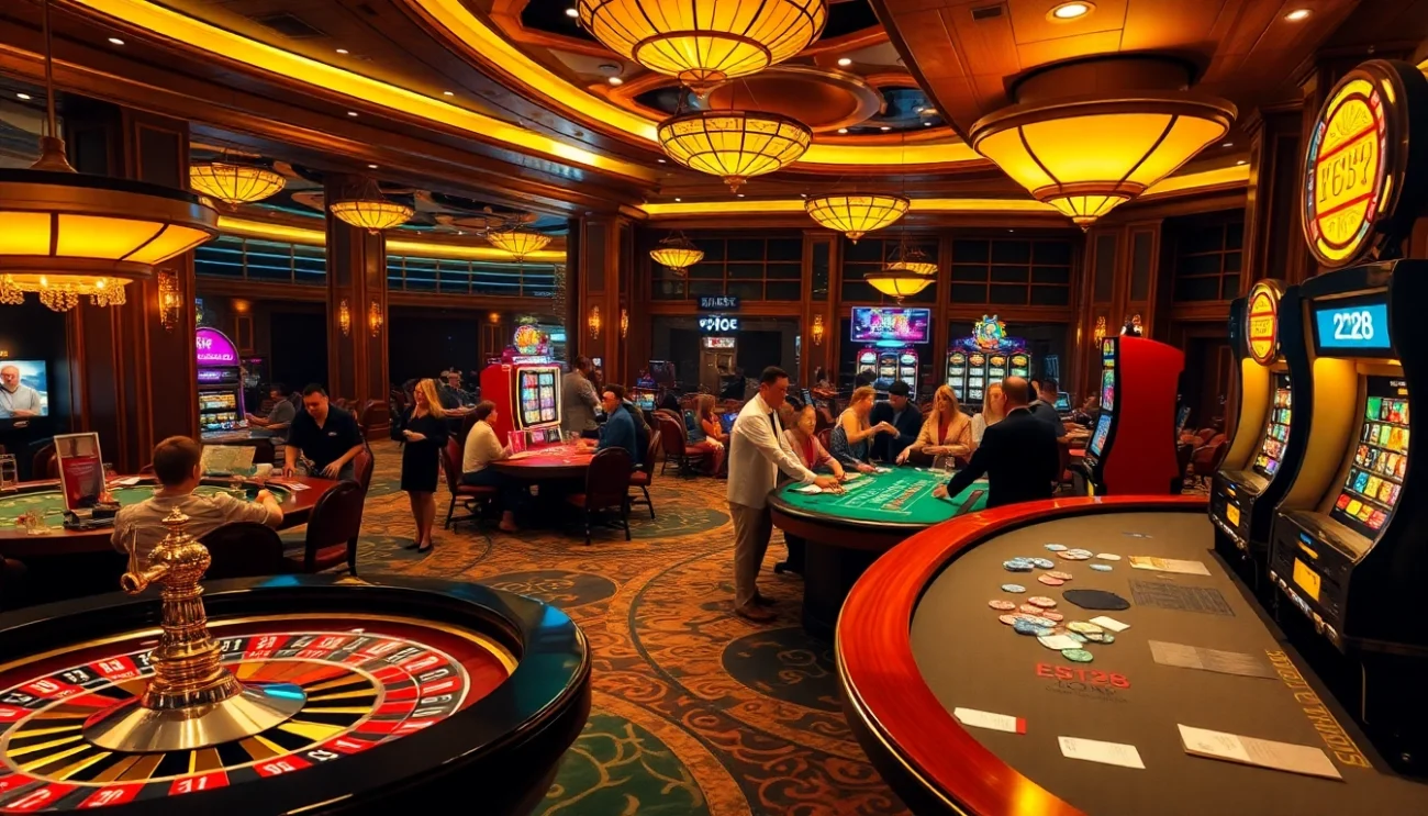 Experience the thrilling e28 casino atmosphere with players enjoying vibrant roulette and slot games.