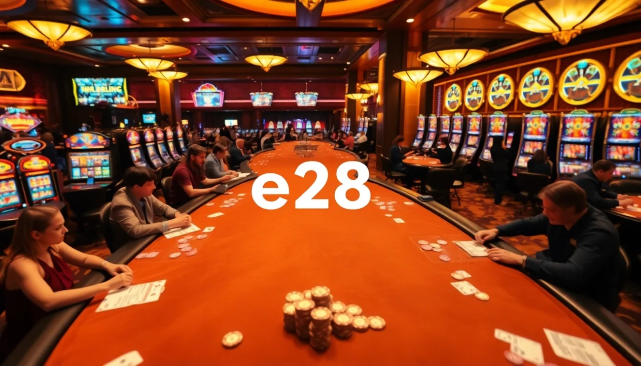 Players immerse in intense poker action at casino tables, with e28 betting slips prominently displayed amid vibrant slot machines.