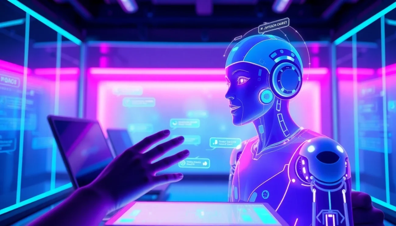 Engaging AI porn chat interface with interactive holographic character in a modern setting.