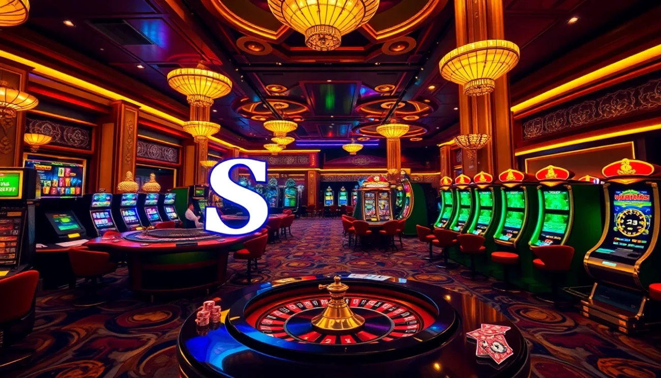 S8 casino logo integrated within an upscale gaming scene featuring poker chips and a roulette table.